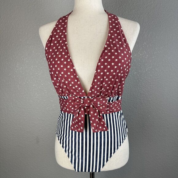 We Wore What Brooklyn Halter Bow Front One Piece Size L Dress Blues Stars Stripe - Picture 1 of 9